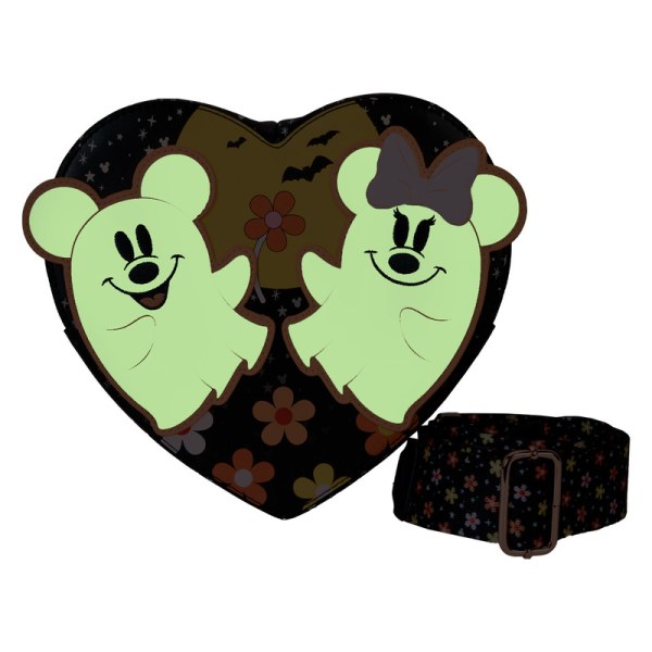 Sac à bandoulière cœur phosphorescent Mickey & Minnie costume de fantôme fleuri - DISNEY LOUNGEFLY