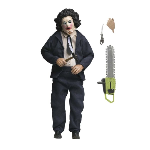 MASSACRE À LA TRONÇONNEUSE - FIGURINE HABILLÉE DE 20 CM - LEATHERFACE AVEC MASQUE DE PRETTY WOMAN, SOUS BOÎTE VITRINE