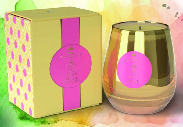 Bougie en verre Disney Belle avec pétale de rose et iris blanc