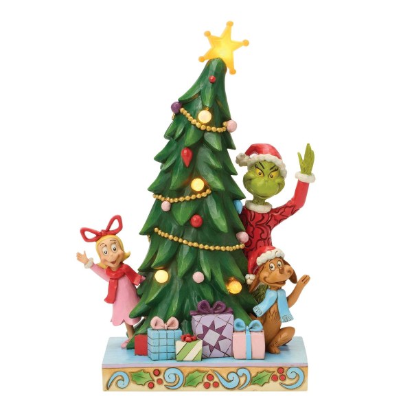 Le Grinch, Cindy et Max qui jettent un coup d'œil depuis l'arbre lumineux - JIM SHORE GRINCH